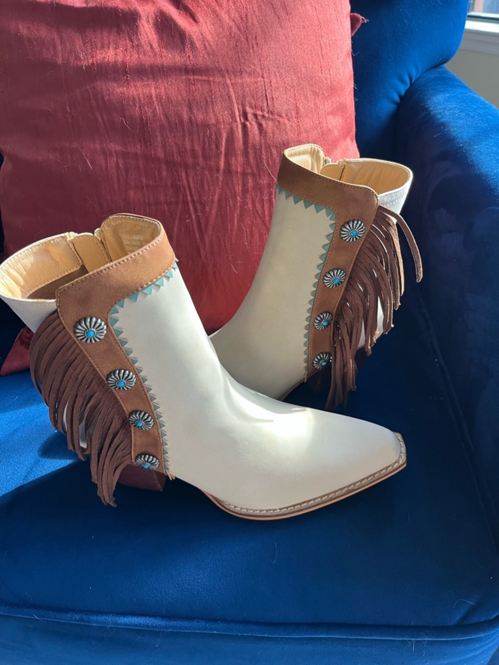 Women’s Cream Fringe Ankle Boots with Brown Accents NWOT